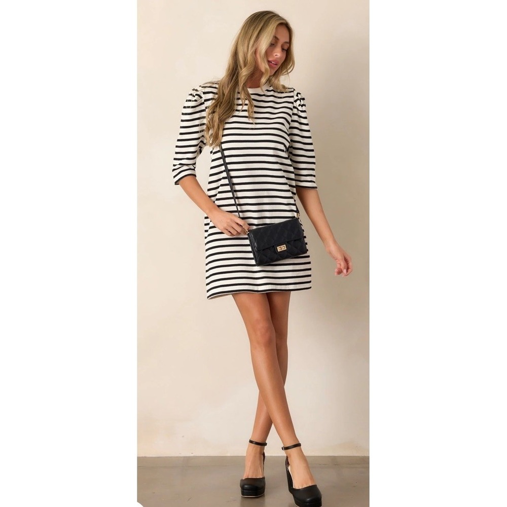 Ellison Black & White Striped 100% Cotton Short Puff Sleeve Tunic Dress - Medium